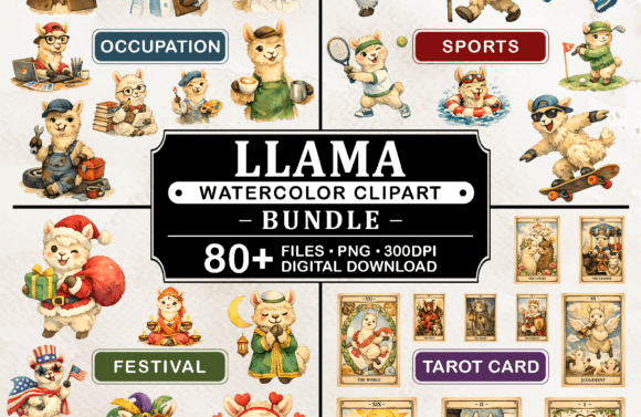 Download 80+ PNG Llama Watercolor Clipart Bundle - Premium Resources