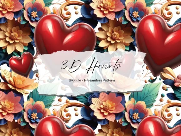Download 3D Hearts and Flowers Seamless Pattern - Hearts and flowers Collection